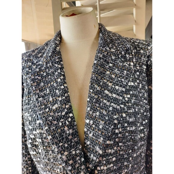 Joan Rivers Gray Black Tweed Blazer Sequin Pearl Detail Trim on sleeve Size 12 - Picture 4 of 9